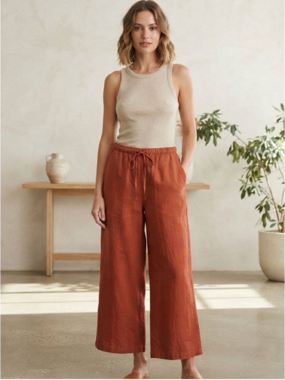 Fashion Rust Terracotta Cotton Linen Wide Leg Lounge Pants Size XL NWT